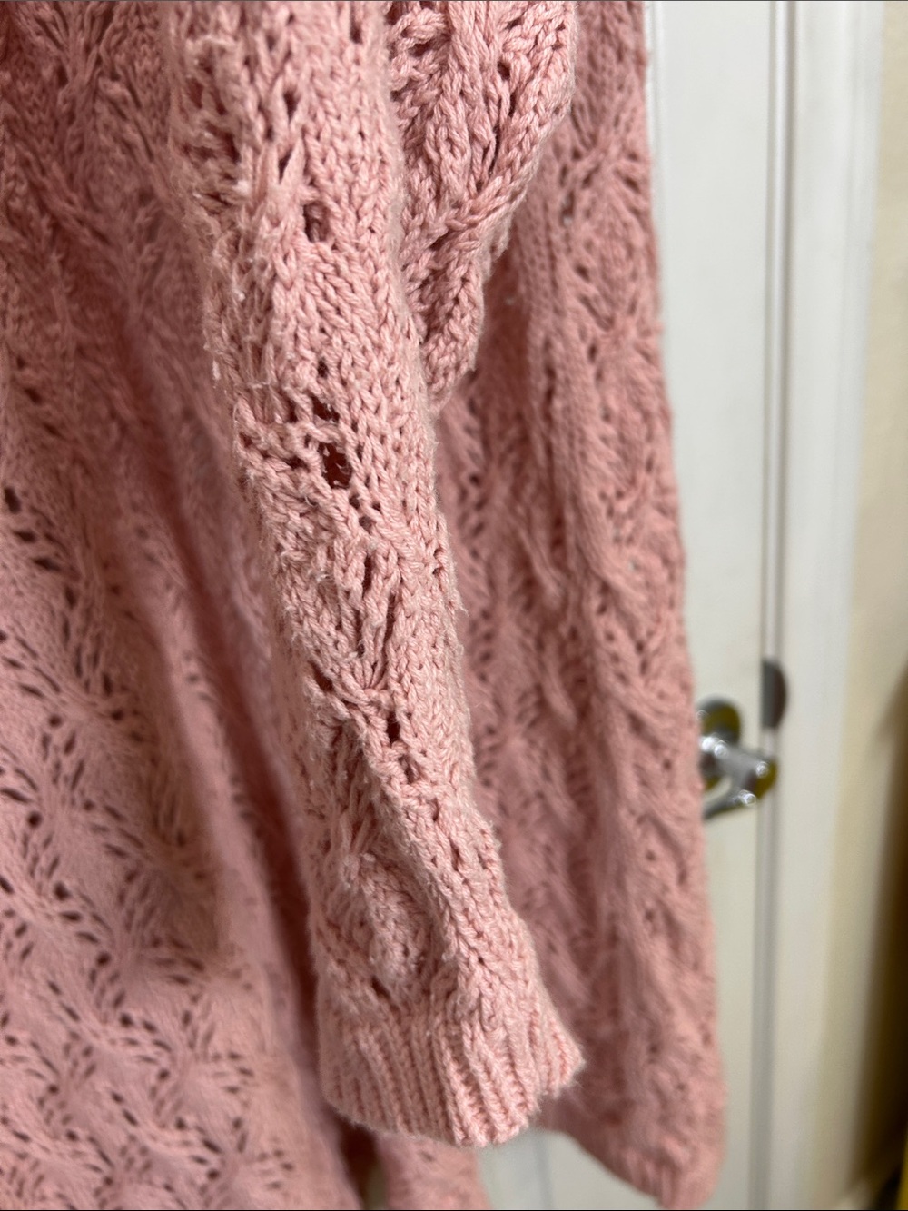 Leo & Nicole Dusty Pink Open-Front Lace Knit Cotton Blend Cardigan - Picture 10 of 10